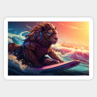 Synthewave Sunset Surfing Lion Sticker